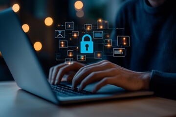 Poster - Cybersecurity Concept with Laptop and Digital Padlock