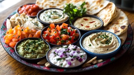 Poster - Delicious Appetizer Platter with Hummus, Dip, and Pita Bread