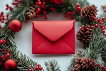 In the center of a coniferous festive Christmas wreath decorated with christmas ornaments is an envelope.