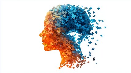 A profile view of the human head with an brain made out in puzzle pieces, white background, illustration style