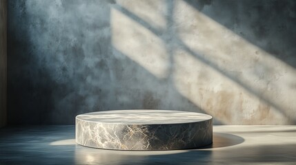 Poster - A round marble podium sits in front of a wall, bathed in the soft light from above