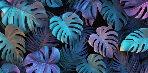 Wall Mural - A seamless tropical luxury exotic pattern featuring pastel colored banana leaves and palms. It is a hand-drawn vintage illustration with a dark glamorous background design.