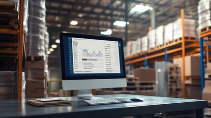 Office desk with computer showing warehouse inventory software