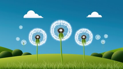 Poster - Beautiful Weather Conditions with Clear Blue Sky and Dandelions in a Scenic Green Landscape