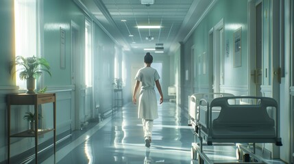 Poster - A woman in a white uniform walks down a hospital hallway
