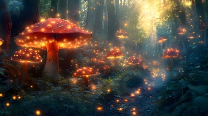 A magical forest at night, with glowing orange and blue mushrooms