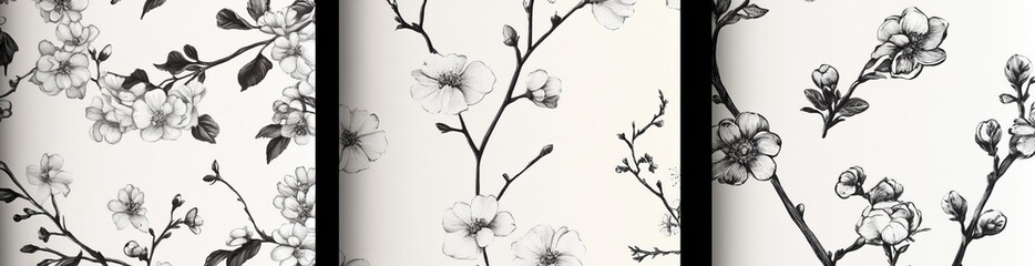 Wall Mural - Set of geometric floral seamless patterns on white and black backgrounds. Simple illustrations.