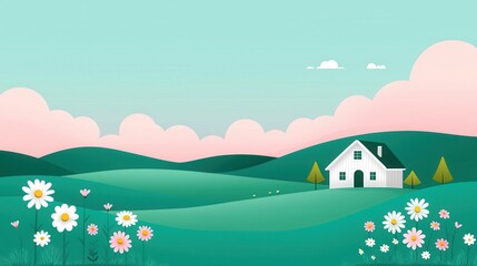 Sticker - Serene Countryside Landscape with House and Flowers Under Clear Sky - Ideal for Weather and Climate Concepts