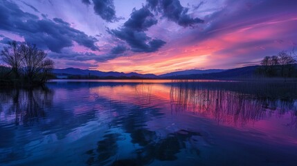 Poster - A beautiful sunset over a lake with a reflection of the sky on the water