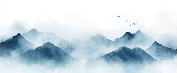 A watercolor landscape background with blue mountains and hills. For decorating, printing, or designing an interior.