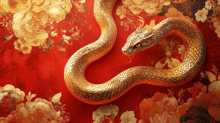 A gold colored snake is laying on a red background with flowers