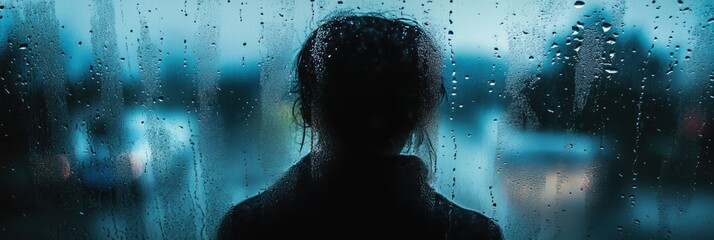 Aufkleber - The lone figure stands by a rain-covered window, contemplating life as raindrops cascade down the glass, enveloping them in solitude. Generative AI