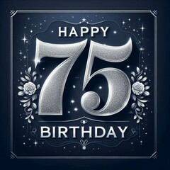 Wall Mural - Elegant 75th Birthday card design with sparkling silver details on a dark background.