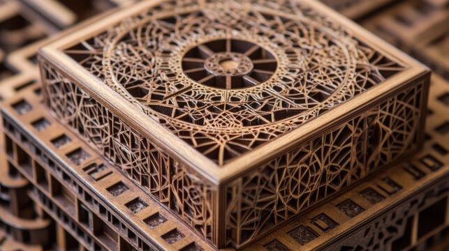 A close-up of a geometric puzzle box, emphasizing intricate designs and creativity in construction.