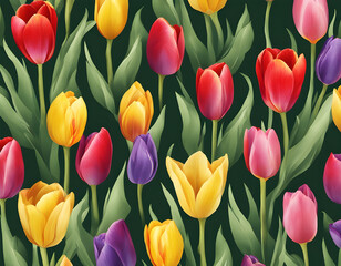 Wall Mural - Seamless floral pattern red, yellow, purple, pink tulips background