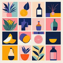 Poster - Modern bento grid style with colorful geometric designs featuring plants and fruits.