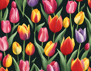 Wall Mural - Seamless floral pattern red, yellow, purple, pink tulips background