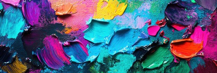 Poster - Bright splashes of paint spread across an artist's palette, while colorful brushstrokes dance lively on the canvas nearby. Generative AI