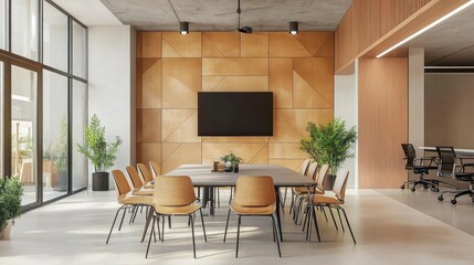 Poster - A modern conference room with geometric decor and furniture, promoting a creative and collaborative atmosphere.