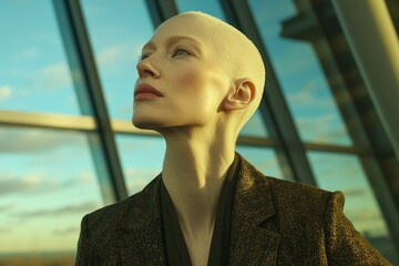 A Bald Woman in a Black Jacket with Gold Accents Gazing Upwards