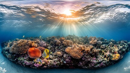 A coral reef in the sea is seen in this HD 8K wallpaper stock photograph