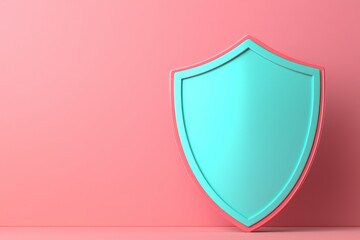 A vibrant turquoise shield against a soft pink background, symbolizing protection and security in a modern design.