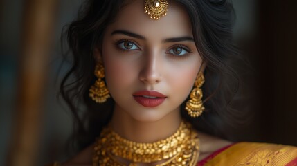 A beautiful young Indian woman wearing gold jewelry and saree