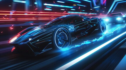 A futuristic car is racing down a track with a bright blue light trailing it. The car is surrounded by a neon glow, giving the scene a futuristic and exciting atmosphere