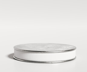 Aufkleber - Minimalistic round white and metal podium with a silver plate. Product packaging background for cosmetics products, 3d rendering.