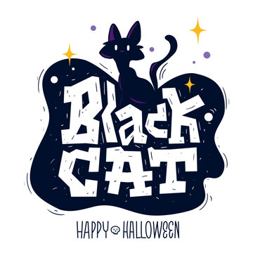 Black cat Halloween. Vector illustration with bold text and Mascot Character. Holiday decoration spooky design