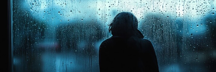 Aufkleber - A person stands by a window, reflecting silently while watching raindrops trickle down the glass, surrounded by a soft, moody atmosphere. Generative AI