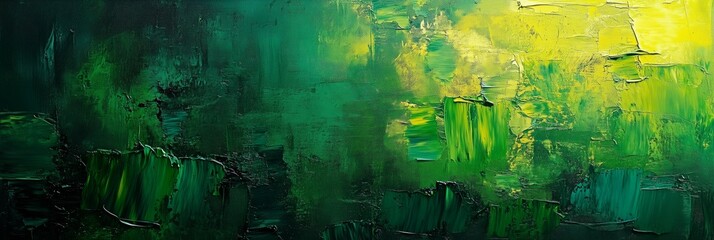 Poster - Abstract green and yellow oil painting, with thick brush strokes creating abstract shapes