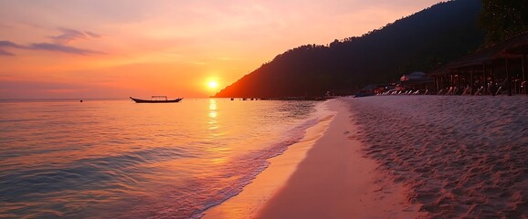 Sunset over tropical beach with a small boat in the distance.