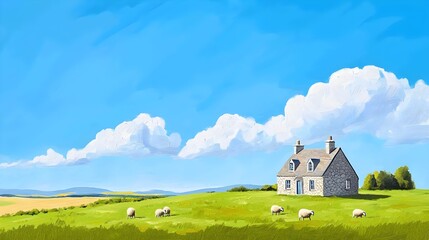 A rural landscape with grazing cows and a distant barn under a bright blue sky