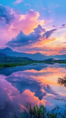 Poster - A beautiful landscape with a lake and mountains in the background