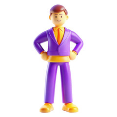 Poster - A cartoon character model wearing a purple suit and orange shirt, showcasing a friendly demeanor. It represents a fictional professional figure.