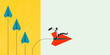 © master1305 - Businessman confidently jumping on red flying paper plane, symbolizing leadership and ambitions for growth. Contemporary art collage. Concept of business, progress, achievement, development