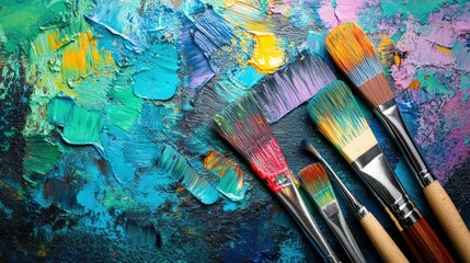 Poster - Bright splashes of color surround paintbrushes, transforming a blank canvas into an expressive abstract artwork in a painter's studio. Generative AI