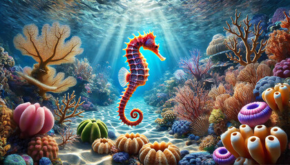 A vibrant underwater scene featuring a delicate, colorful seahorse gracefully swimming among a coral reef