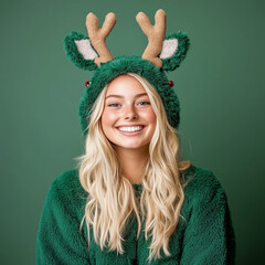 studio magazine portrait of young blonde womanl in a deer hat and Christmas costume smiling in solid green backdrop /banner/poster/cover/web