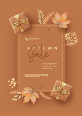 Poster - Autumn Sale poster with maple leaves and and gifts. Abstract fall banner