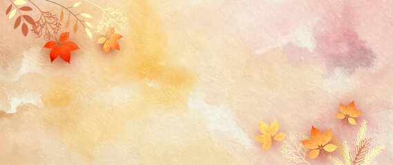 Poster - Abstract autumn collage. Watercolor banner with maple leaves, paint stains and drawn plants