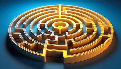 A Labyrinth with a bright yellow trail against a blue backdrop, illustrating the concept of problem solving. 3D rendering