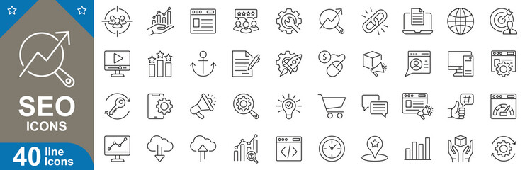 Wall Mural - seo outline icons set. marketing, custom, analytics, research, keyword, ranking, speed, website, opt
