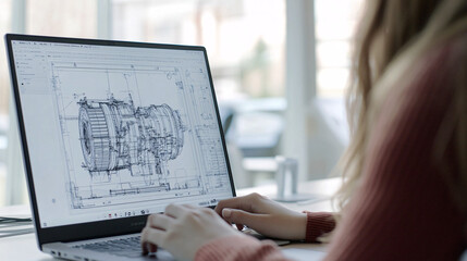  Person working on a laptop displaying detailed technical blueprints of machinery, remote work in a well-lit workspace with natural light, focused on engineering design and technical drafting