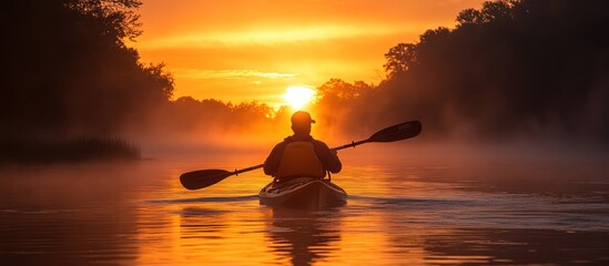 A lone kayaker paddles through the mist on a serene river as the sun rises, casting an orange glow across the water.