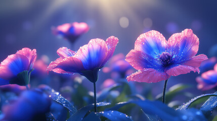 Vibrant pink and blue garden flowers with water droplets glistening in sunlight