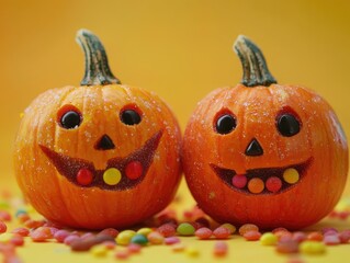 Two joyful candies transformed into a pumpkin for a festive celebration