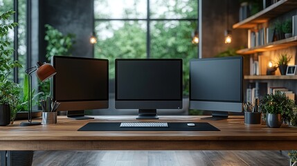 Wall Mural - Modern Minimalist Workspace with Three Monitors