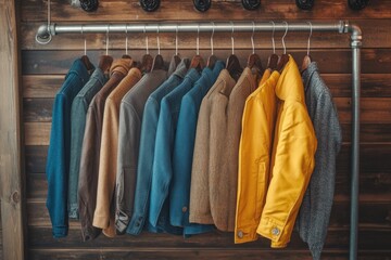 Row of colorful jackets hanging on a rack against a wood wall.